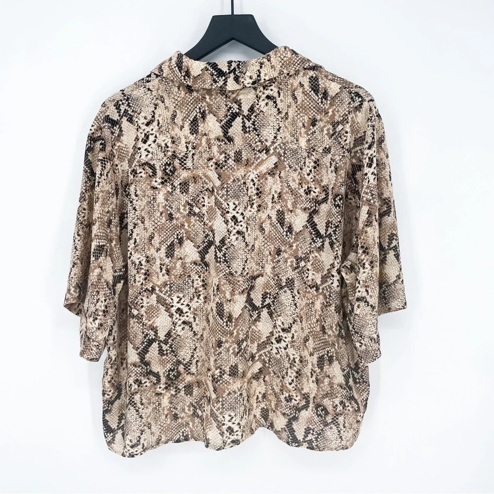 Sanctuary Snakeskin Boxy Front Tie Button Down Blouse Brown Medium